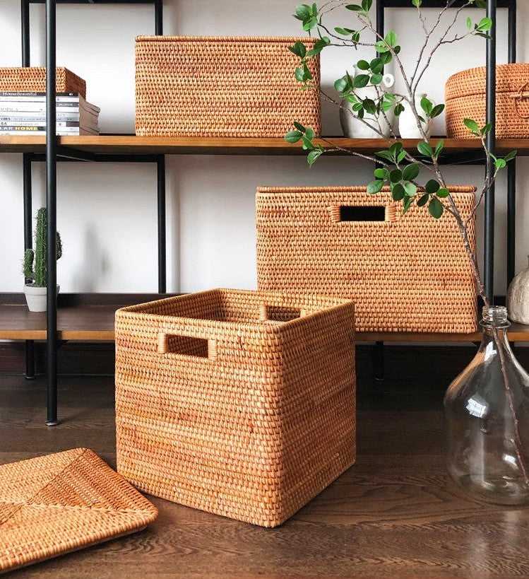 Rectangular Storage Basket with Lid, Rattan Storage Baskets for Clothe –  Grace Painting Crafts