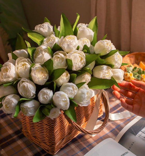 Spring Artificial Floral for Dining Room Table, White Tulip Flowers, Bedroom Flower Arrangement Ideas, Simple Modern Floral Arrangement Ideas for Home Decoration-Grace Painting Crafts