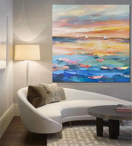 Abstract Landscape Wall Art for Bedroom, Sail Boat at Sea, Contemporary Modern Artwork, Large Modern Canvas Painting, Hand Painted Wall Art Painting-Grace Painting Crafts