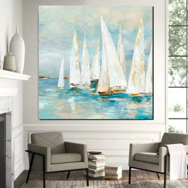 Sail Boat Painting, Hand Painted Abstract Painting, Abstract Landscape Painting, Extra Large Abstract Paintings on Canvas, Bedroom Wall Art Ideas-Grace Painting Crafts