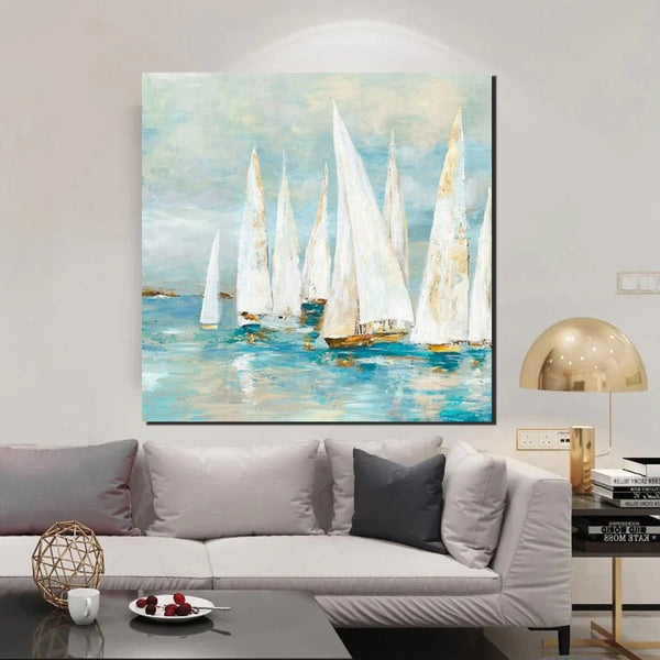 Sail Boat Painting, Hand Painted Abstract Painting, Abstract Landscape Painting, Extra Large Abstract Paintings on Canvas, Bedroom Wall Art Ideas-Grace Painting Crafts