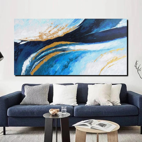 Living Room Wall Art Paintings, Blue Acrylic Abstract Painting Behind Couch, Large Painting on Canvas, Buy Paintings Online, Acrylic Painting for Sale-Grace Painting Crafts