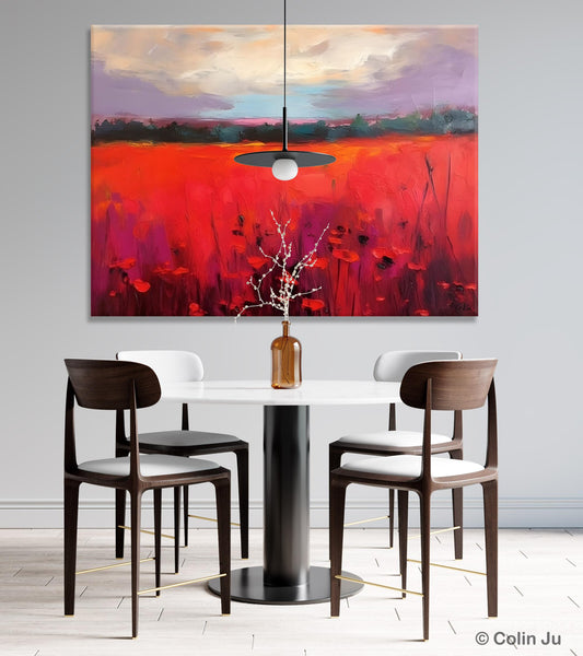 Simple Modern Art, Original Landscape Painting, Landscape Paintings for Living Room, Poppy Filed Canvas Paintings, Large Wall Art Paintings-Grace Painting Crafts