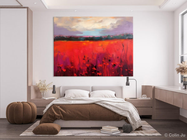 Simple Modern Art, Original Landscape Painting, Landscape Paintings for Living Room, Poppy Filed Canvas Paintings, Large Wall Art Paintings-Grace Painting Crafts