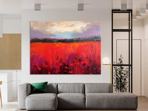Simple Modern Art, Original Landscape Painting, Landscape Paintings for Living Room, Poppy Filed Canvas Paintings, Large Wall Art Paintings-Grace Painting Crafts