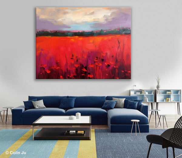 Simple Modern Art, Original Landscape Painting, Landscape Paintings for Living Room, Poppy Filed Canvas Paintings, Large Wall Art Paintings-Grace Painting Crafts
