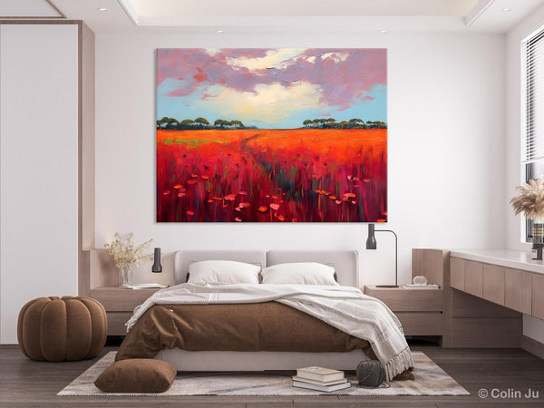 Acrylic Abstract Art, Landscape Canvas Paintings, Red Poppy Flower Field Painting, Landscape Acrylic Painting, Living Room Wall Art Paintings-Grace Painting Crafts