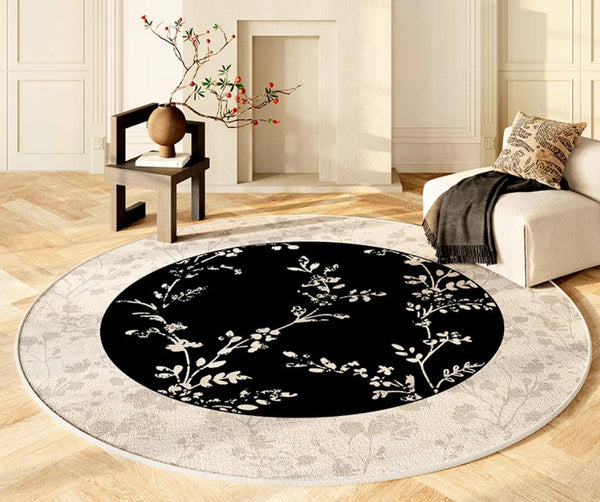 Contemporary Round Rugs for Dining Room, Flower Pattern Round Carpets under Coffee Table, Circular Modern Rugs for Living Room, Modern Area Rugs for Bedroom-Grace Painting Crafts