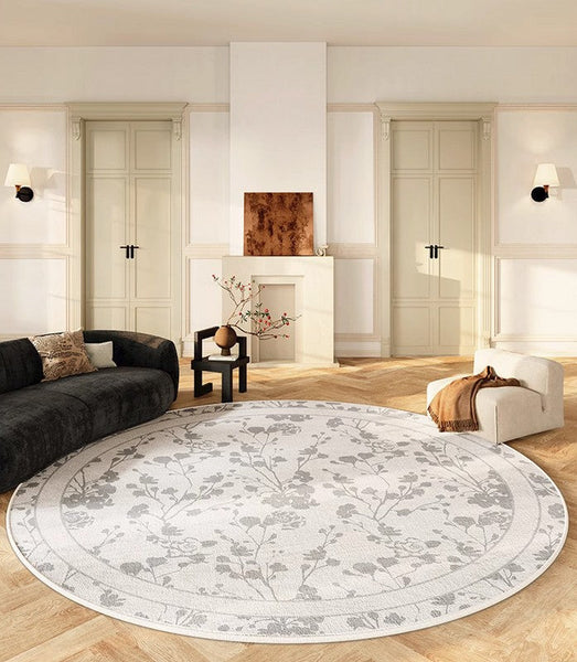 Modern Area Rugs for Bedroom, Flower Pattern Round Carpets under Coffee Table, Contemporary Round Rugs for Dining Room, Circular Modern Rugs for Living Room-Grace Painting Crafts