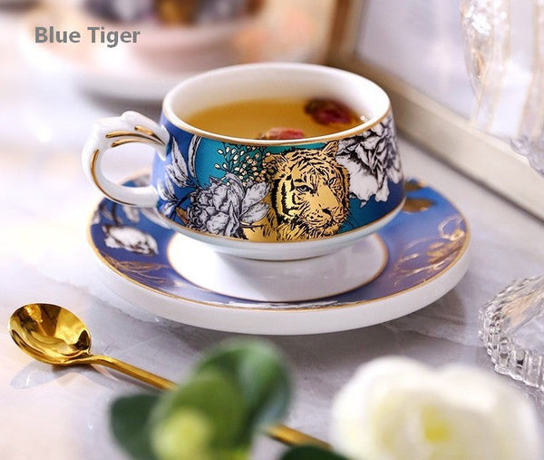 Unique Ceramic Cups with Gold Trim and Gift Box, Creative Ceramic Tea Cup and Saucer, Jungle Tiger Cheetah Porcelain Coffee Cups-Grace Painting Crafts
