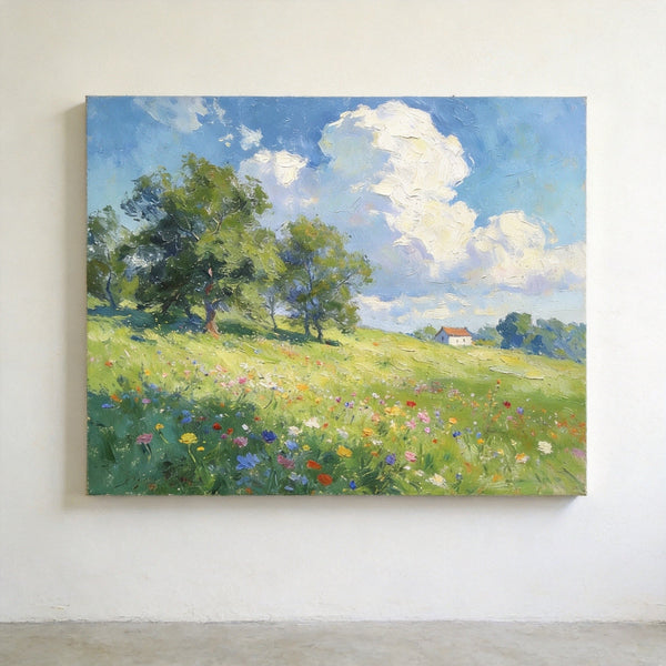 Original Landscape Paintings, Wildflower Hillside Under Soft Clouds, Buy Original Artwork Online, Hand Painted Canvas Art, Small Canvas Wall Art Paintings-Grace Painting Crafts