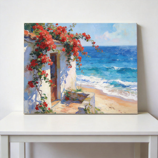 Buy Original Oil Paintings Online, Bougainvillea by the Turquoise Shore, Original Small Paintings, Seashore Beach Painting, Hand Painted Canvas Art, Small Canvas Wall Art Paintings-Grace Painting Crafts