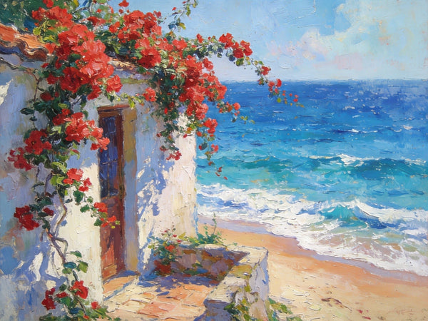 Buy Original Oil Paintings Online, Bougainvillea by the Turquoise Shore, Original Small Paintings, Seashore Beach Painting, Hand Painted Canvas Art, Small Canvas Wall Art Paintings-Grace Painting Crafts