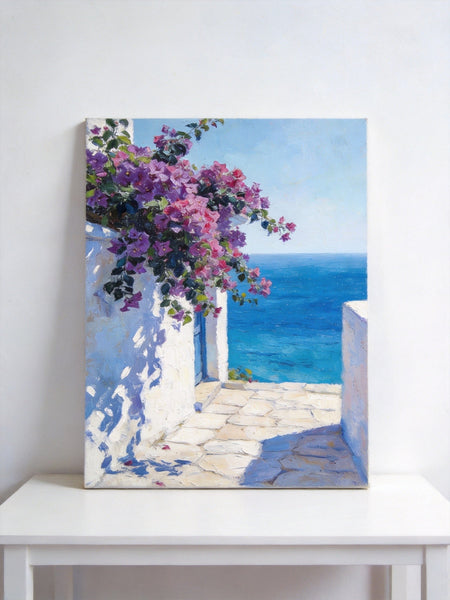 Original Landscape Paintings, Blooming Purple Bougainvillea and the Azure Mediterranean, Hand Painted Canvas Art, Small Canvas Wall Art Paintings, Original Oil Paintings-Grace Painting Crafts