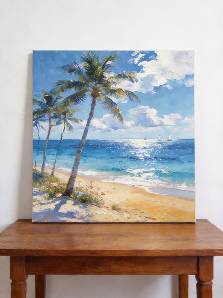 Hand Painted Canvas Art, Sunlit Palm Shore with Sails, Seashore Beach Painting, Small Canvas Artwork, Original Landscape Paintings, Buy Small Paintings Online-Grace Painting Crafts