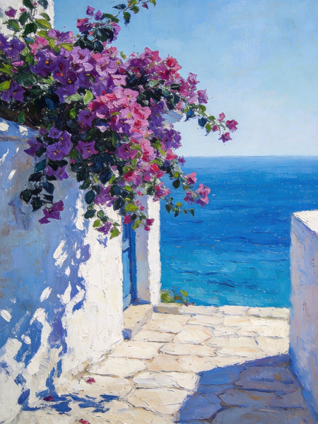 Original Landscape Paintings, Blooming Purple Bougainvillea and the Azure Mediterranean, Hand Painted Canvas Art, Small Canvas Wall Art Paintings, Original Oil Paintings-Grace Painting Crafts