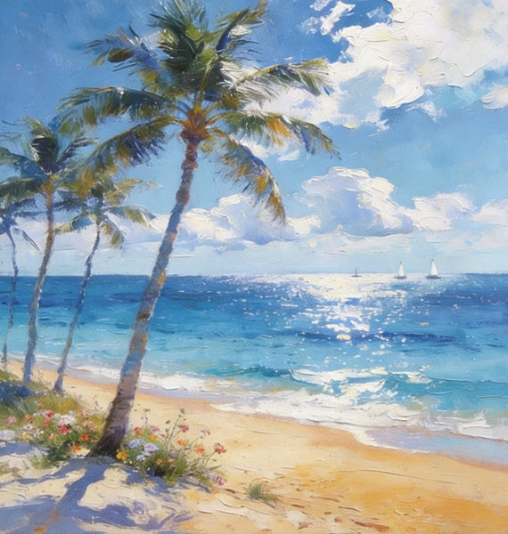 Hand Painted Canvas Art, Sunlit Palm Shore with Sails, Seashore Beach Painting, Small Canvas Artwork, Original Landscape Paintings, Buy Small Paintings Online-Grace Painting Crafts