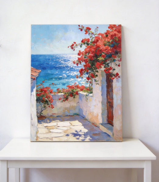 Crimson Blooms and Azure Mediterranean, Hand Painted Canvas Art, Original Landscape Paintings, Small Canvas Wall Art Paintings, Original Oil Paintings-Grace Painting Crafts