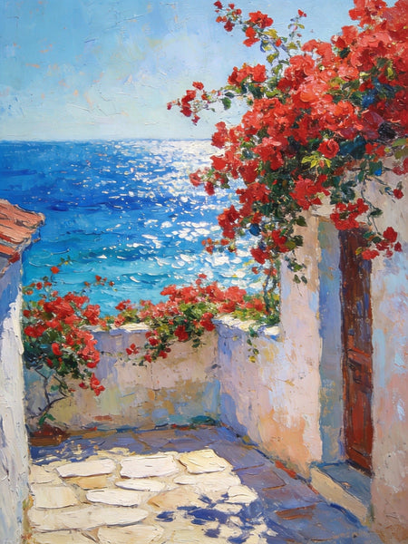 Crimson Blooms and Azure Mediterranean, Hand Painted Canvas Art, Original Landscape Paintings, Small Canvas Wall Art Paintings, Original Oil Paintings-Grace Painting Crafts