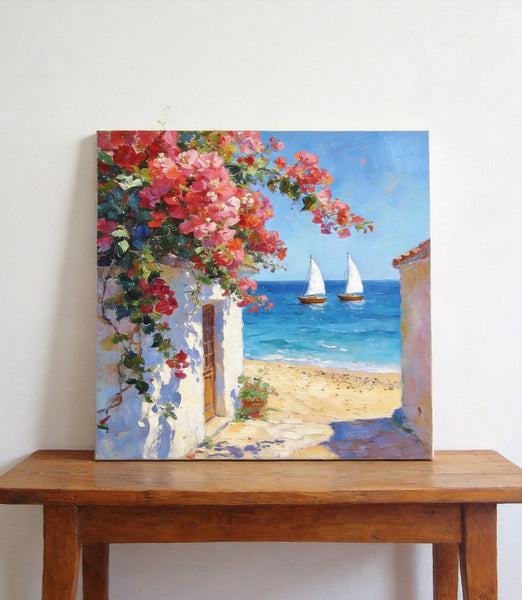 Blooming Bougainvillea and the Azure Mediterranean, Hand Painted Canvas Art, Seashore Beach Paintings, Original Oil Paintings, Buy Small Artwork Online-Grace Painting Crafts