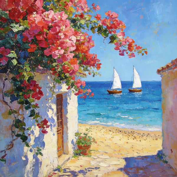 Blooming Bougainvillea and the Azure Mediterranean, Hand Painted Canvas Art, Seashore Beach Paintings, Original Oil Paintings, Buy Small Artwork Online-Grace Painting Crafts
