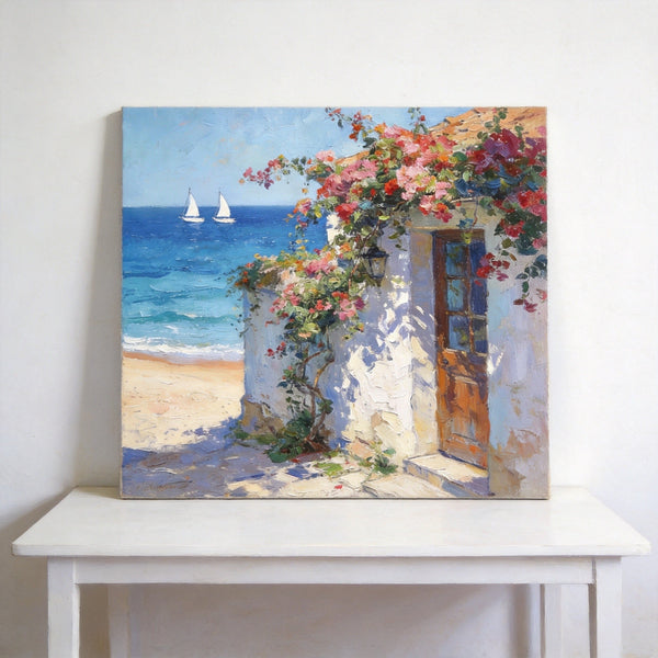 Hand Painted Canvas Art, Blooming Bougainvillea and the Azure Mediterranean, Seashore Beach Paintings, Original Oil Paintings, Buy Small Artwork Online-Grace Painting Crafts