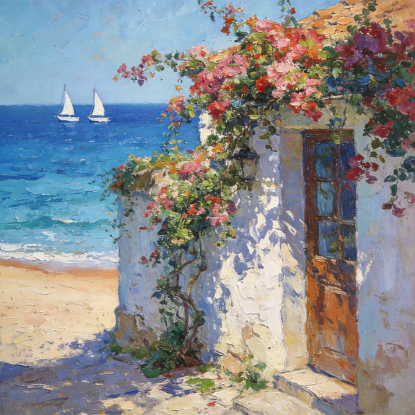 Hand Painted Canvas Art, Blooming Bougainvillea and the Azure Mediterranean, Seashore Beach Paintings, Original Oil Paintings, Buy Small Artwork Online-Grace Painting Crafts