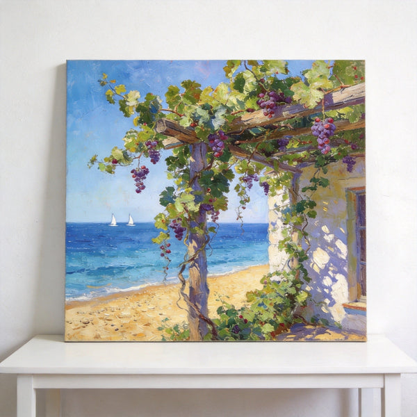 Hand Painted Canvas Art, Summer Glow on the Vine-Covered Terrace, Seashore Beach Paintings, Original Oil Paintings, Buy Small Artwork Online-Grace Painting Crafts
