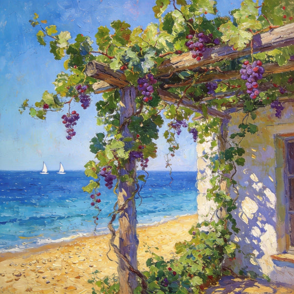 Hand Painted Canvas Art, Summer Glow on the Vine-Covered Terrace, Seashore Beach Paintings, Original Oil Paintings, Buy Small Artwork Online-Grace Painting Crafts