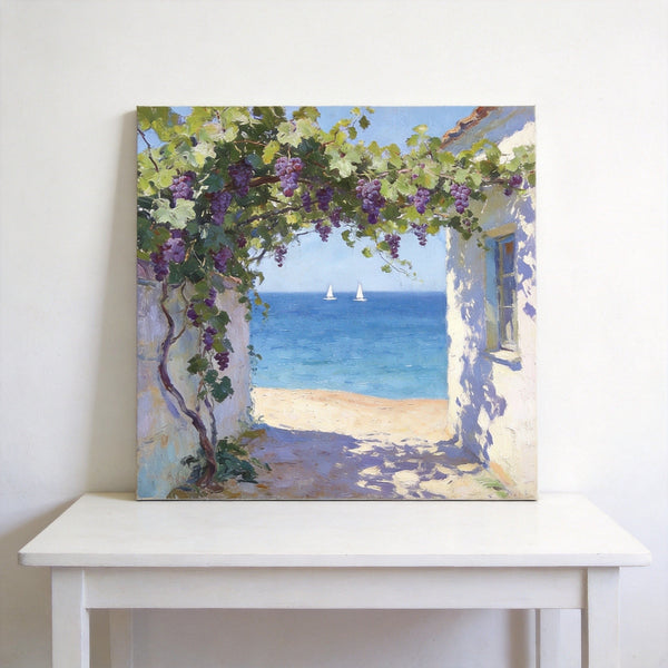 Summer Glow on the Vine-Covered Terrace, Seashore Beach Paintings, Hand Painted Canvas Art, Original Oil Paintings, Buy Small Artwork Online-Grace Painting Crafts
