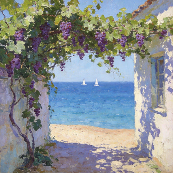Summer Glow on the Vine-Covered Terrace, Seashore Beach Paintings, Hand Painted Canvas Art, Original Oil Paintings, Buy Small Artwork Online-Grace Painting Crafts