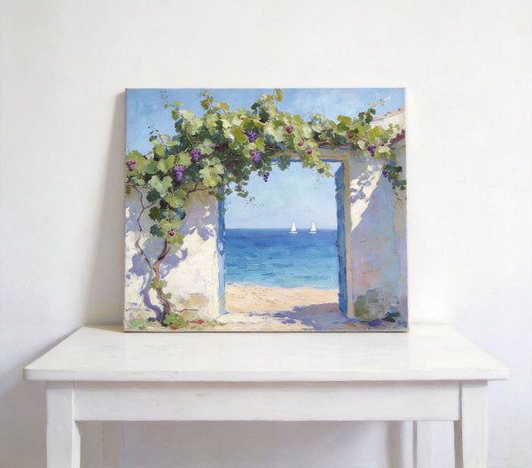 Original Small Paintings, Seaside Cottage Under the Grape Canopy, Hand Painted Canvas Art, Small Canvas Wall Art Paintings, Original Oil Paintings-Grace Painting Crafts