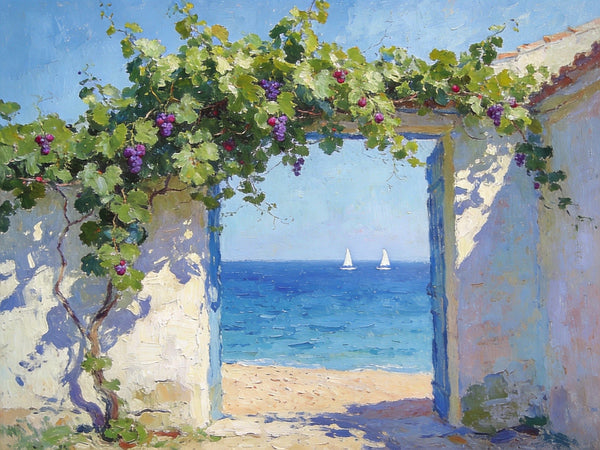 Original Small Paintings, Seaside Cottage Under the Grape Canopy, Hand Painted Canvas Art, Small Canvas Wall Art Paintings, Original Oil Paintings-Grace Painting Crafts