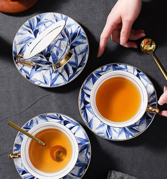 Unique British Tea Cup and Saucer in Gift Box, Blue Porcelain Tea Cup Saucer Set, 7.4 oz British Ceramic Coffee Cups-Grace Painting Crafts