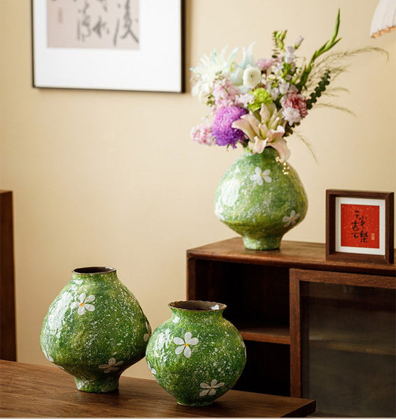 Centerpiece on Dining Table, Handmade Water Holding Flower Vases, Modern Pottery Flower Vases, Pottery Bud Vases, Large Green Flower Vases on Table-Grace Painting Crafts