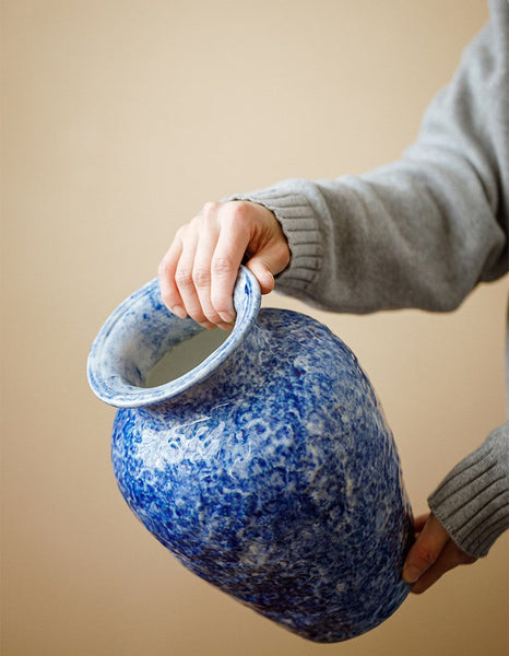 Modern Pottery Flower Vases, Handmade Water Holding Flower Vases, Centerpiece on Dining Table, Blue Pottery Bud Vases, Large Flower Vases on Table-Grace Painting Crafts