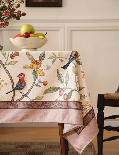 Bird and Fruit Tree Kitchen Table Cover, Linen Table Cover for Dining Room Table, Tablecloth for Round Table, Simple Modern Rectangle Tablecloth Ideas for Oval Table-Grace Painting Crafts