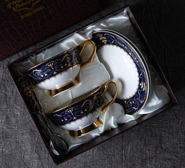 Unique Blue Tea Cup and Saucer in Gift Box, Blue Bone China Porcelain Tea Cup Set, Royal Ceramic Cups, Elegant Ceramic Coffee Cups-Grace Painting Crafts