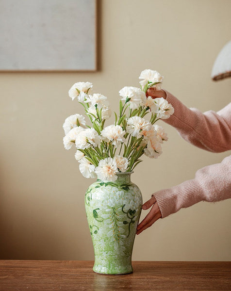 Large Flower Vases on Table, Green Porcelain Flower Vases, Centerpiece Ceramic Bud Vases, Handmade Water Holding Flower Vase-Grace Painting Crafts