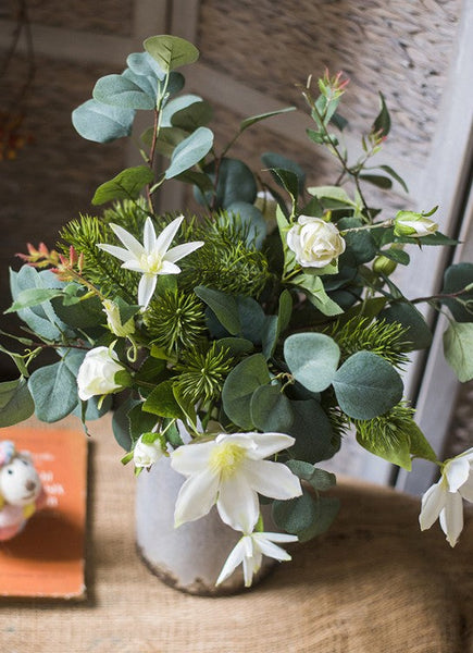 Eucalyptus Globulus, Clematis, White Rose Flowers, Unique Flower Arrangement for Home Decoration, Beautiful Modern Artificial Flowers for Dining Room Table-Grace Painting Crafts