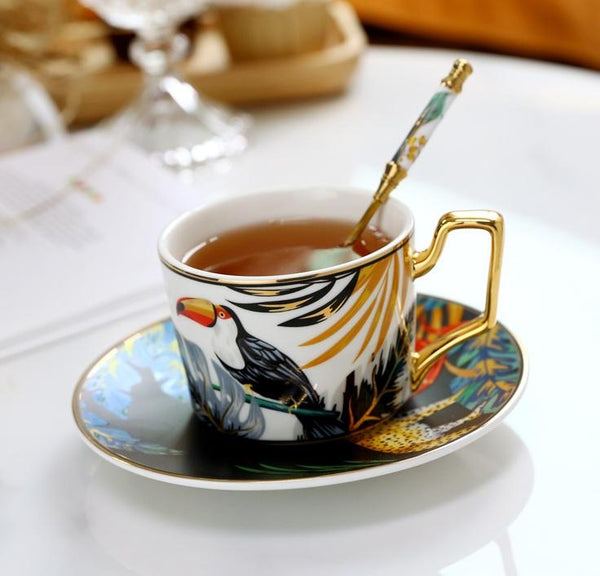 Elegant Tea Cup and Saucer, Jungle Toucan Pattern Porcelain Coffee Cups, 7.4 oz Coffee Cups with Gold Trim and Gift Box-Grace Painting Crafts