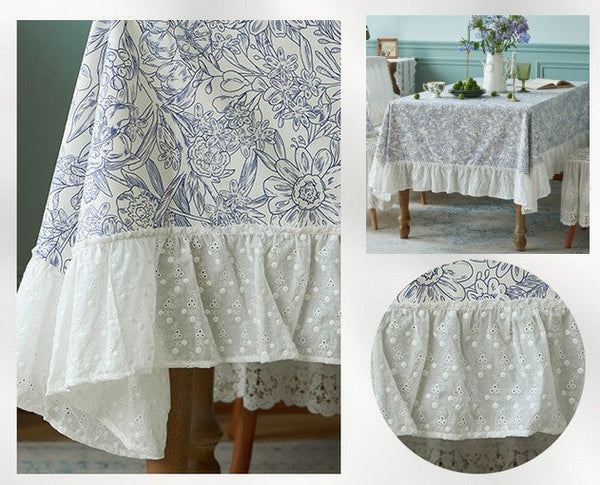 Cotton Rectangle Tablecloth for Dining Room Table, Natural Spring Farmhouse Table Cloth, Blue Flower Pattern Cotton Tablecloth, Square Tablecloth for Round Table-Grace Painting Crafts