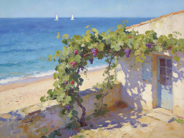 Original Landscape Paintings, Summer Glow on the Vine-Covered Terrace, Hand Painted Canvas Art, Seashore Beach Painting, Small Canvas Wall Art Paintings, Buy Art Online, Original Oil Paintings-Grace Painting Crafts