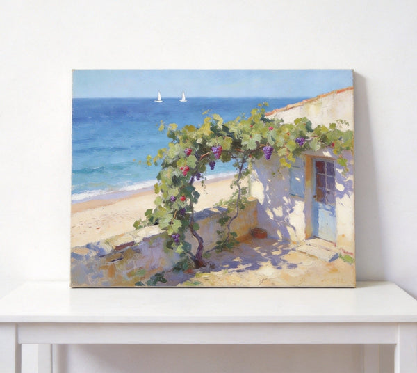Original Landscape Paintings, Summer Glow on the Vine-Covered Terrace, Hand Painted Canvas Art, Seashore Beach Painting, Small Canvas Wall Art Paintings, Buy Art Online, Original Oil Paintings-Grace Painting Crafts
