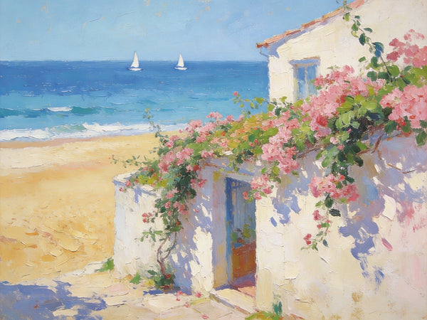 Original Small Paintings, Sunlit Seaside Cottage with Bougainvillea, Seashore Beach Painting, Hand Painted Canvas Art, Small Canvas Wall Art Paintings, Original Oil Paintings-Grace Painting Crafts