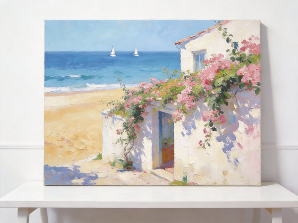 Original Small Paintings, Sunlit Seaside Cottage with Bougainvillea, Seashore Beach Painting, Hand Painted Canvas Art, Small Canvas Wall Art Paintings, Original Oil Paintings-Grace Painting Crafts
