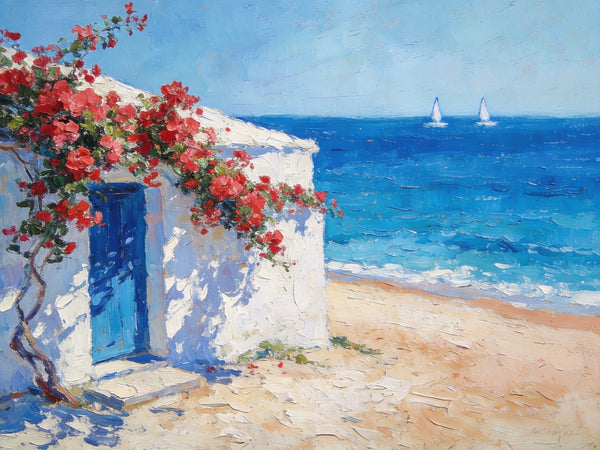 Bougainvillea by the Turquoise Shore, Original Small Paintings, Seashore Beach Painting, Hand Painted Canvas Art, Small Canvas Wall Art Paintings, Original Oil Paintings-Grace Painting Crafts