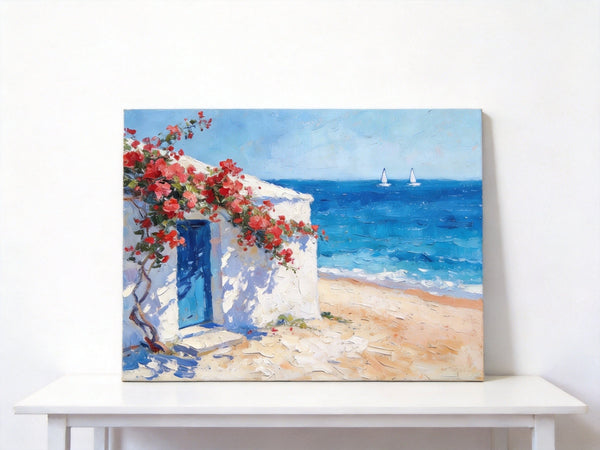 Bougainvillea by the Turquoise Shore, Original Small Paintings, Seashore Beach Painting, Hand Painted Canvas Art, Small Canvas Wall Art Paintings, Original Oil Paintings-Grace Painting Crafts