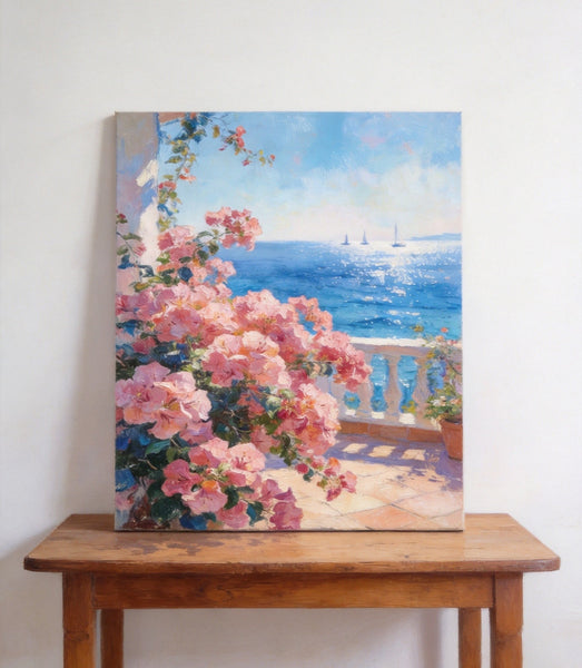Terrace Blooms and Distant Sails, Original Landscape Paintings, Small Canvas Wall Art Paintings, Original Oil Paintings, Hand Painted Canvas Art-Grace Painting Crafts