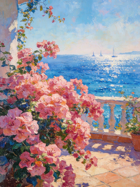 Terrace Blooms and Distant Sails, Original Landscape Paintings, Small Canvas Wall Art Paintings, Original Oil Paintings, Hand Painted Canvas Art-Grace Painting Crafts